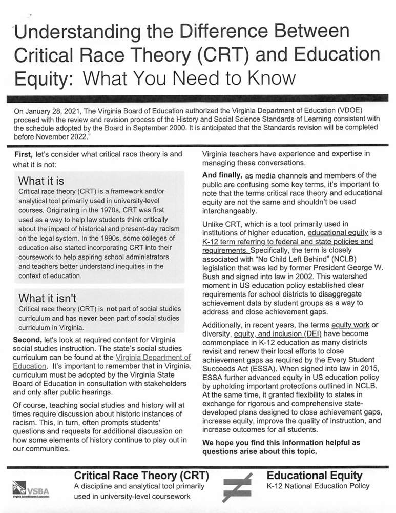 VSBA Difference Between Education Equity and CRT